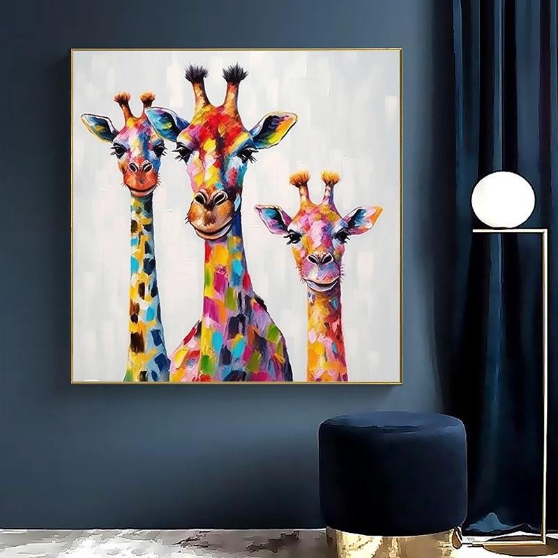 színes zsiráf család festmény vászonra kézzel festett nagy állat falfestmény otthoni dekorációhoz állati alkotás díszes zsiráf fali dekoráció feszített keret felakasztható 2026 - $107.99 –P6
