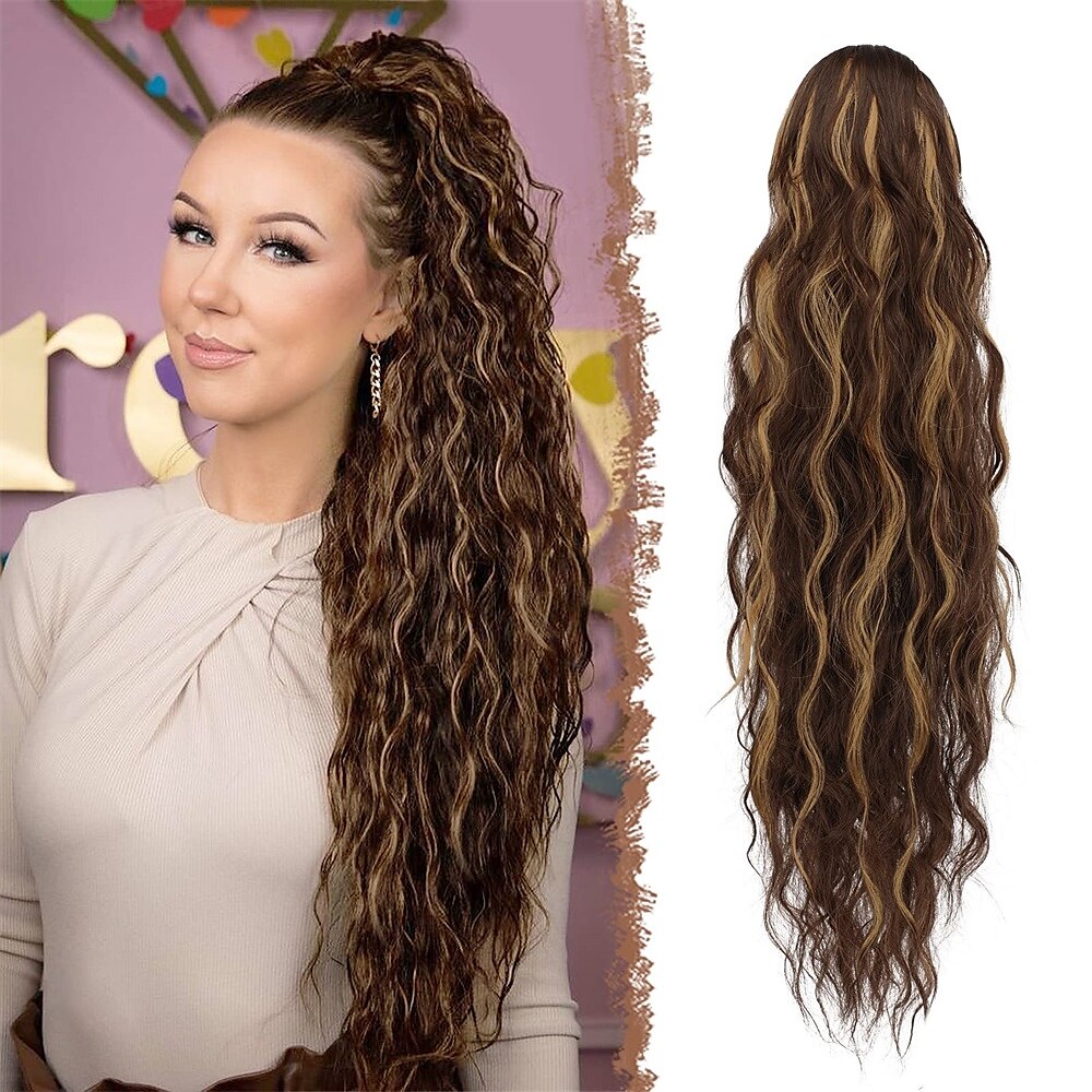 lang krullend golvend trekkoord paardenstaart extensions clip in golvend synthetische haarstukken trekkoord paardenstaarten haarstuk paardenstaart extensie voor vrouwen asblond 26 inch 2025 - $17.99 –P11