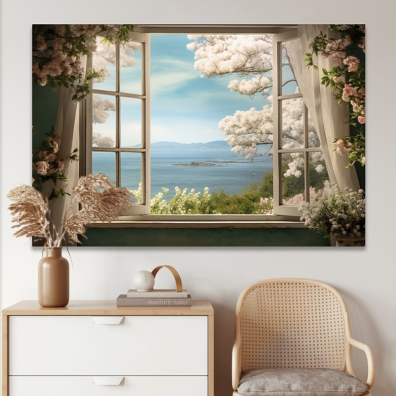 Paisaje pared arte lienzo ventana falsa primavera flores de cerezo impresiones y carteles fotos tela decorativa pintura para sala de estar fotos sin marco 2025 - $17.49 –P12