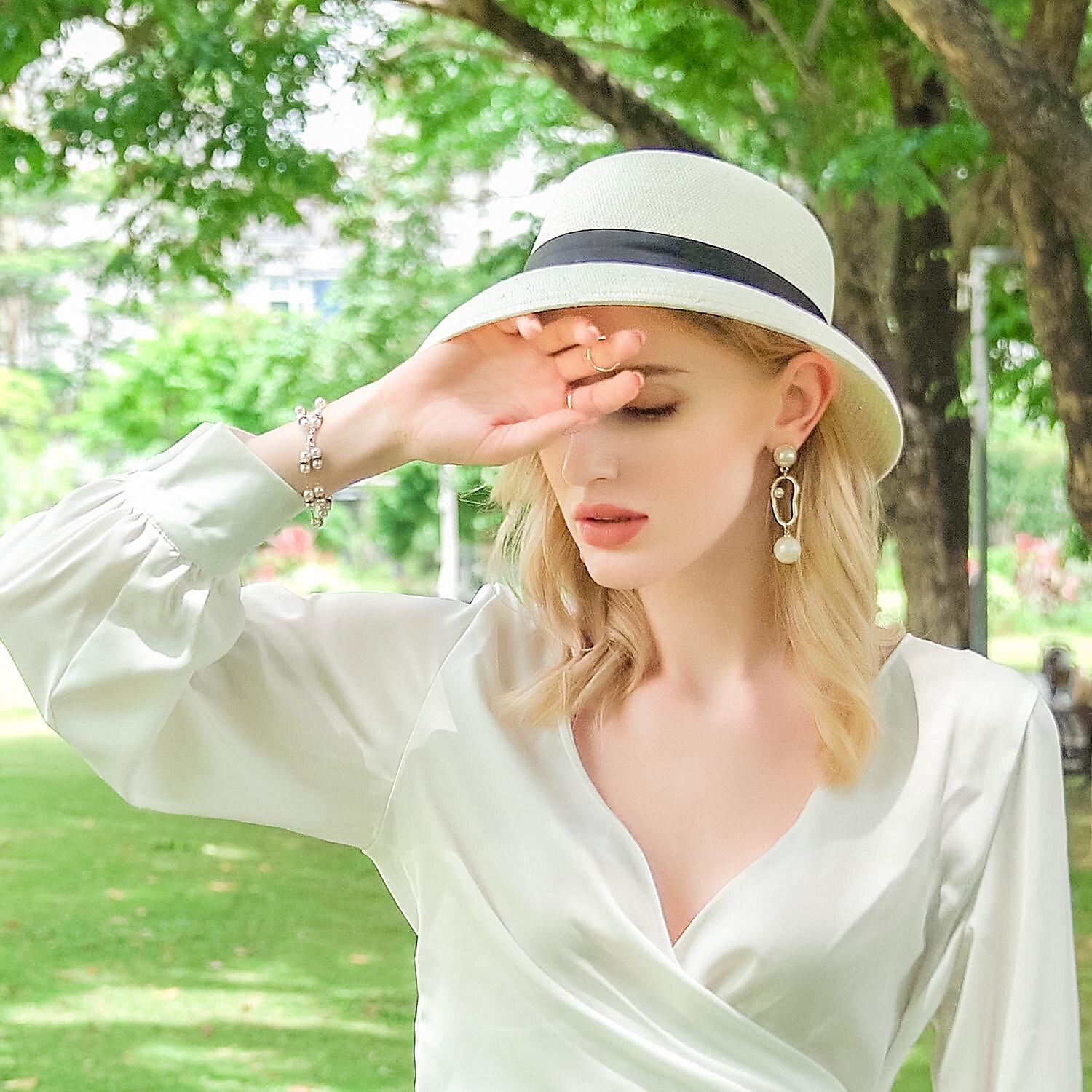 Hüte Eimerhut aus Polyesterfaser Strohhut Sonnenhut Hochzeit lässig elegant Hochzeit mit Bändern Perlen Kopfbedeckung Kopfbedeckung 2025 - $32.99 –P2