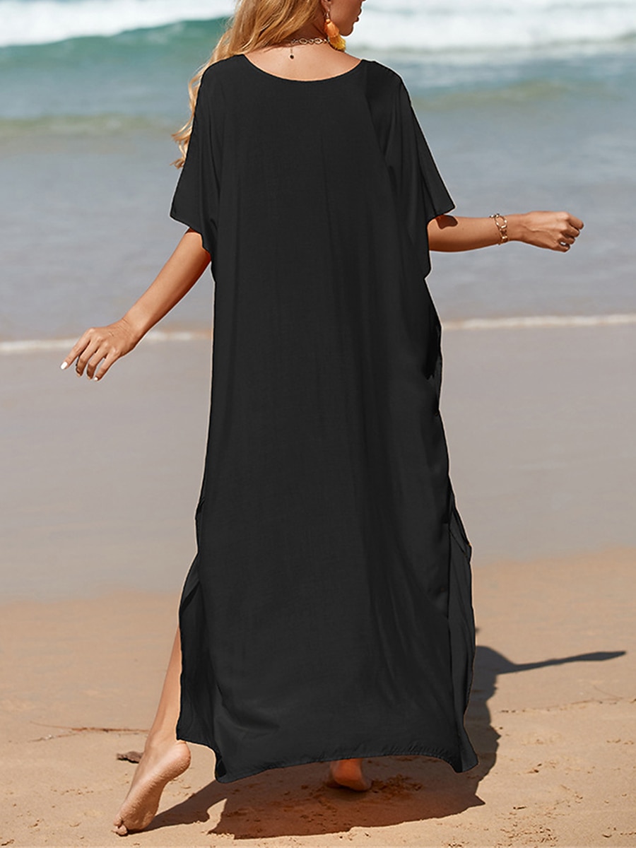 robe blanche Robe casual Robe d'été Femme robe longue Fendu Rendez-vous Vacances Plage Maxi basique Col V Demi Manches Ample Noir Blanche Jaune Taille unique de 2025 ? $41.99 –P6