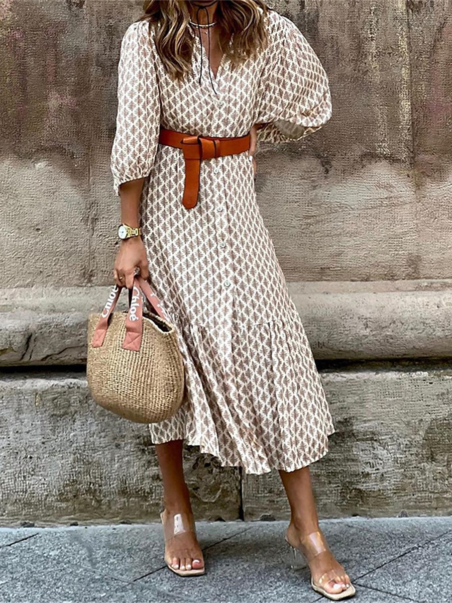 Damskie Sukienka midi Codzienne sukienki Sukienki w stylu boho Bohema Moda miejska Linia A Urlop Ulica Święto Luźna Kwiaty Długi rękaw W serek Khaki Lato Wiosna 2025 - $51.99 –P3