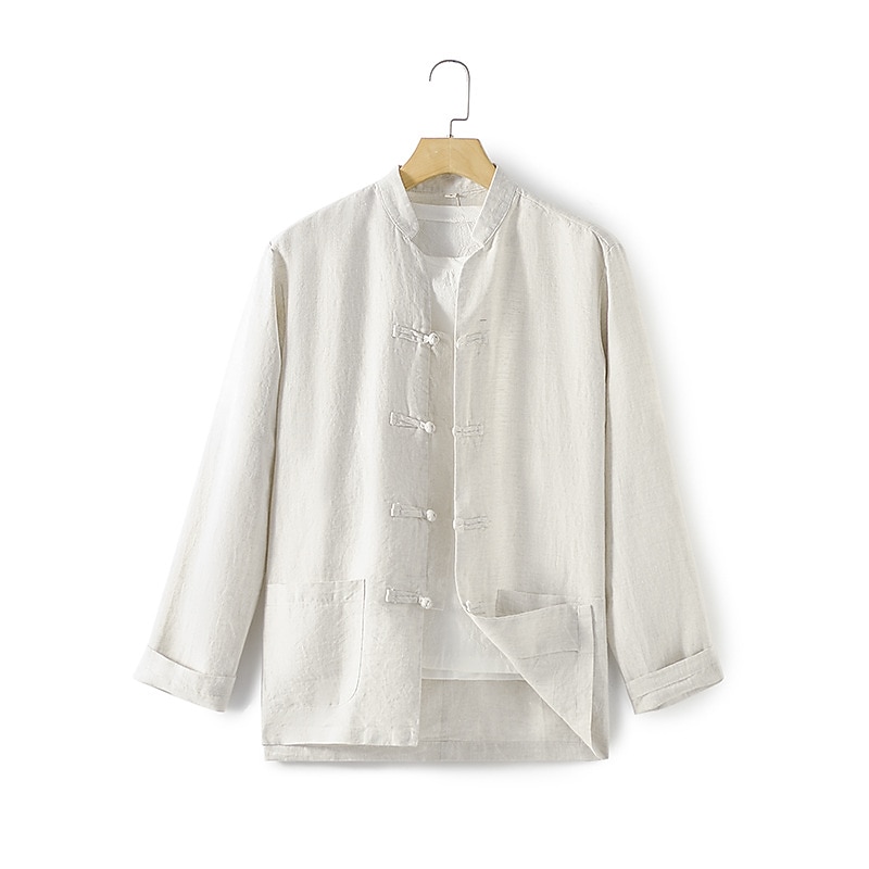 100% Linho Bolsos Homens Camisa Social camisa de linho Preto Branco Azul Escuro Manga Longa Tecido Colarinho Clerical Primavera & Outono Ao ar livre Diário Roupa de 2026 por $31.99 –P12