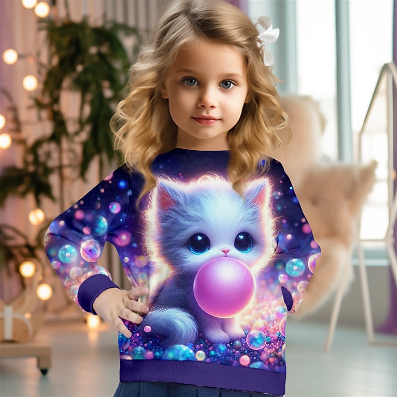 Mädchen 3D Katze Pullover Langarm 3D-Druck Frühling Herbst Modisch Strassenmode bezaubernd kinderkleidung 3-12 Jahre Rundhalsausschnitt Outdoor Casual Täglich Regular Fit 2025 - $16.49 –P3