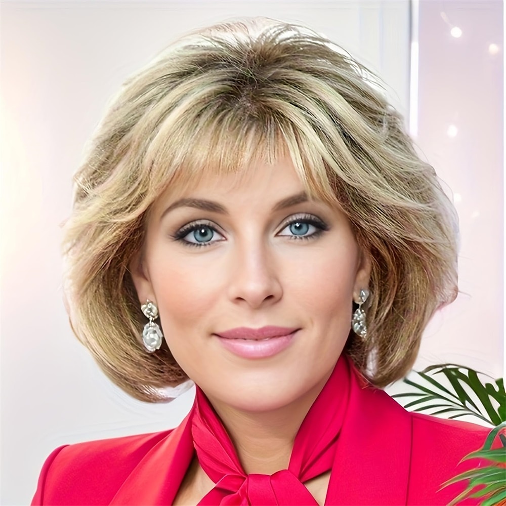 peruci scurte blonde cu breton pentru femei albe ombre blond mixt maro ondulat bob perucă sintetică stratificată cu aspect natural peruci de păr scurt pentru bătrâne peruci de petrecere de zi cu zi 2025 - $21.99 –P1