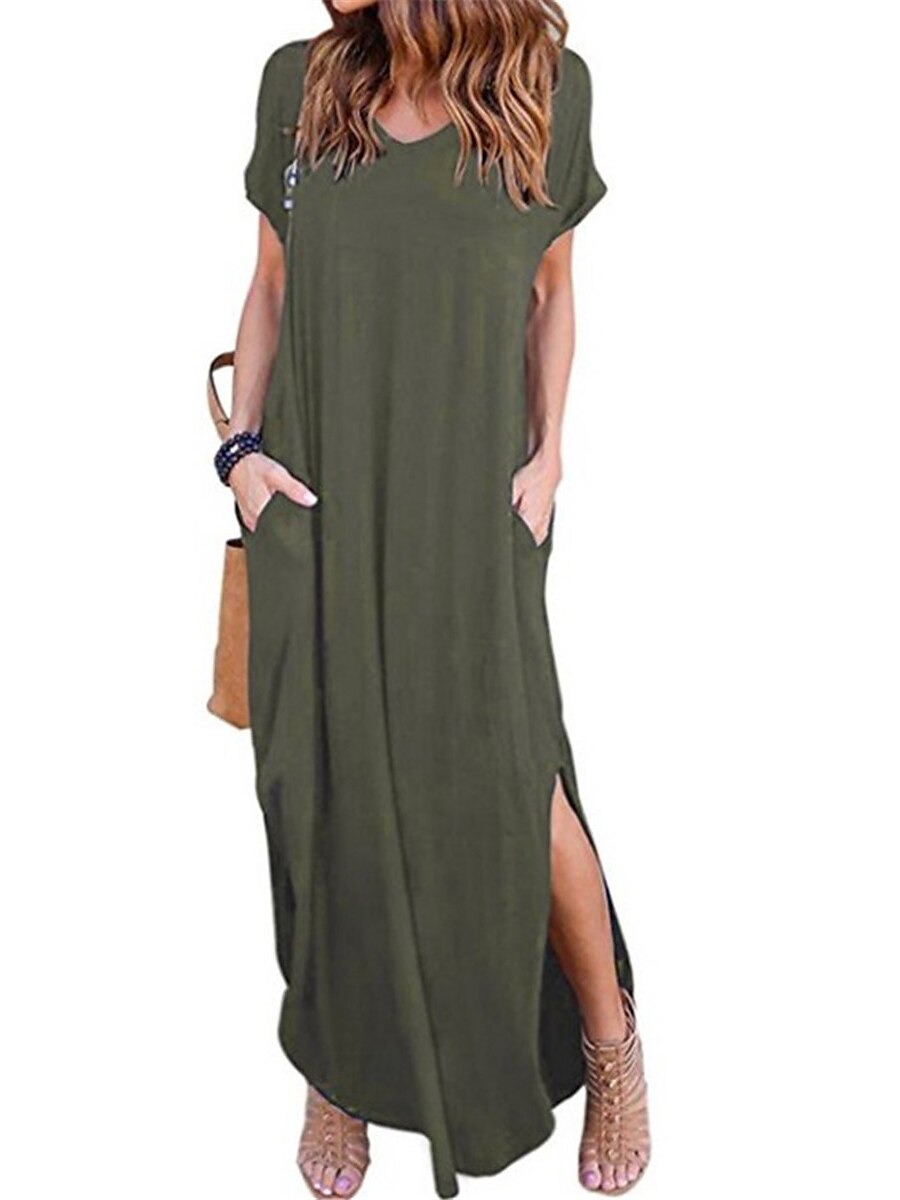 Damen Casual kleid kleid lang Baumwolle Tasche Gespleisst Verabredung Maxi Basic V Ausschnitt Kurzarm Schwarz Weiß Rosa Farbe 2025 - $39.99 –P3
