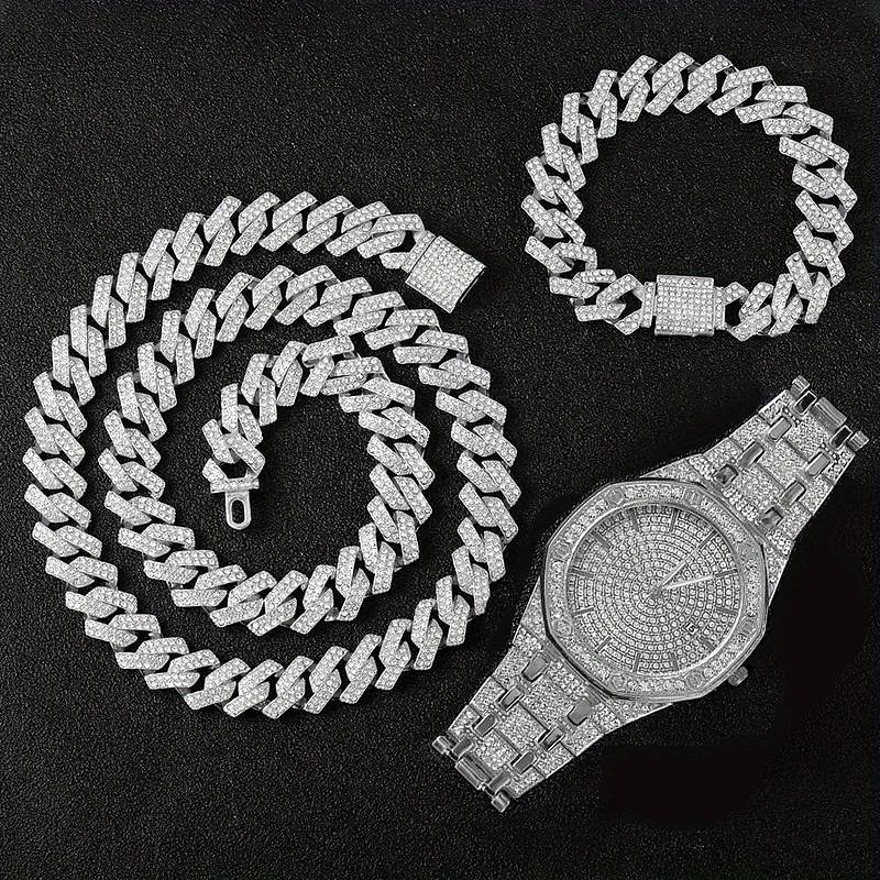 3pcs/set HipHop Mens Rhinestone Watch & Necklace & Bracelet Set, Christmas Gift 2025 - $38.99 –P9