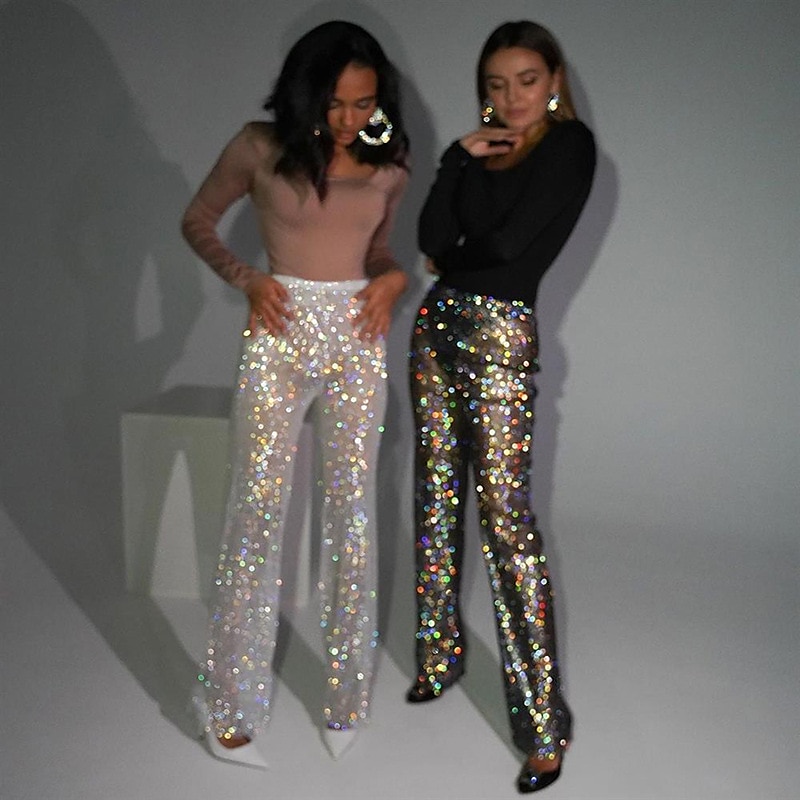 Metallic Sparkle Pants Sheer Mesh Rhinestone Cover Up Disco Solid Color Women's Party Club Pride Parade Adults' Pants 2025 - $86.99 –P1