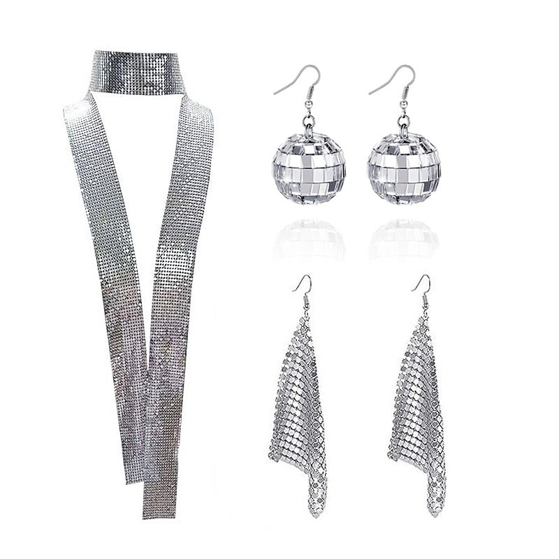 Brincos de discoteca da moda dos anos 70, brincos de borla de metal com lantejoulas, conjunto criativo de colar longo quadrado de 2025 por $21.54 –P1