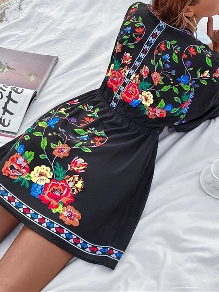 női alkalmi ruha virágmintás v nyak mini ruha etnikai boho vakáció 3/4 hosszú ujjú nyár tavasz 2025 - $27.99 –P13