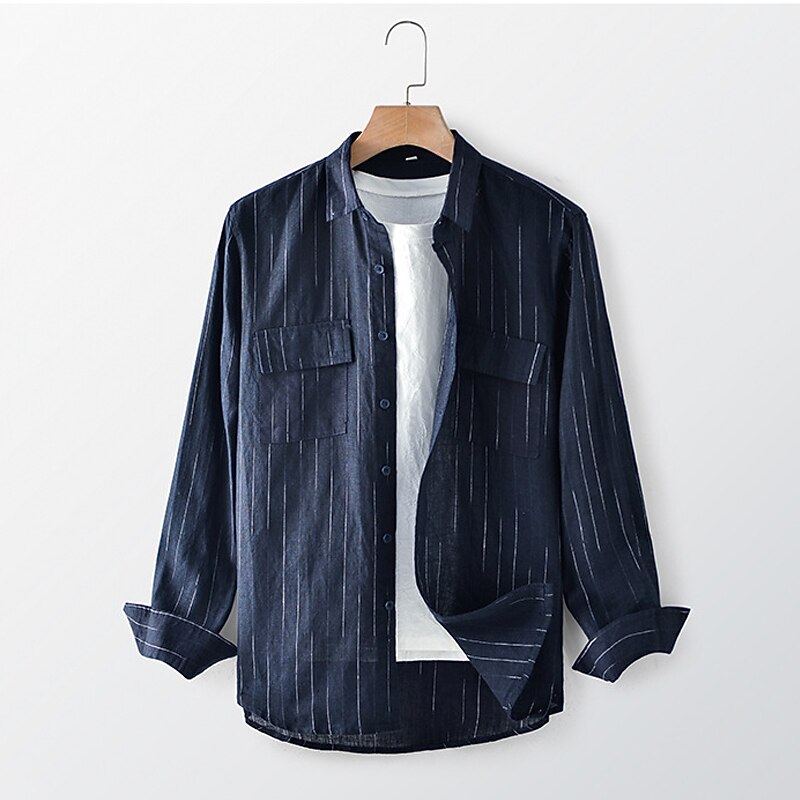 100% Lin Poche Homme Chemise Chemise Lin Chemise boutonnée Noir bleu marine manche longue Plein Revers Printemps & Automne Extérieur Vacances Vêtement Tenue de 2026 ? $39.99 –P10