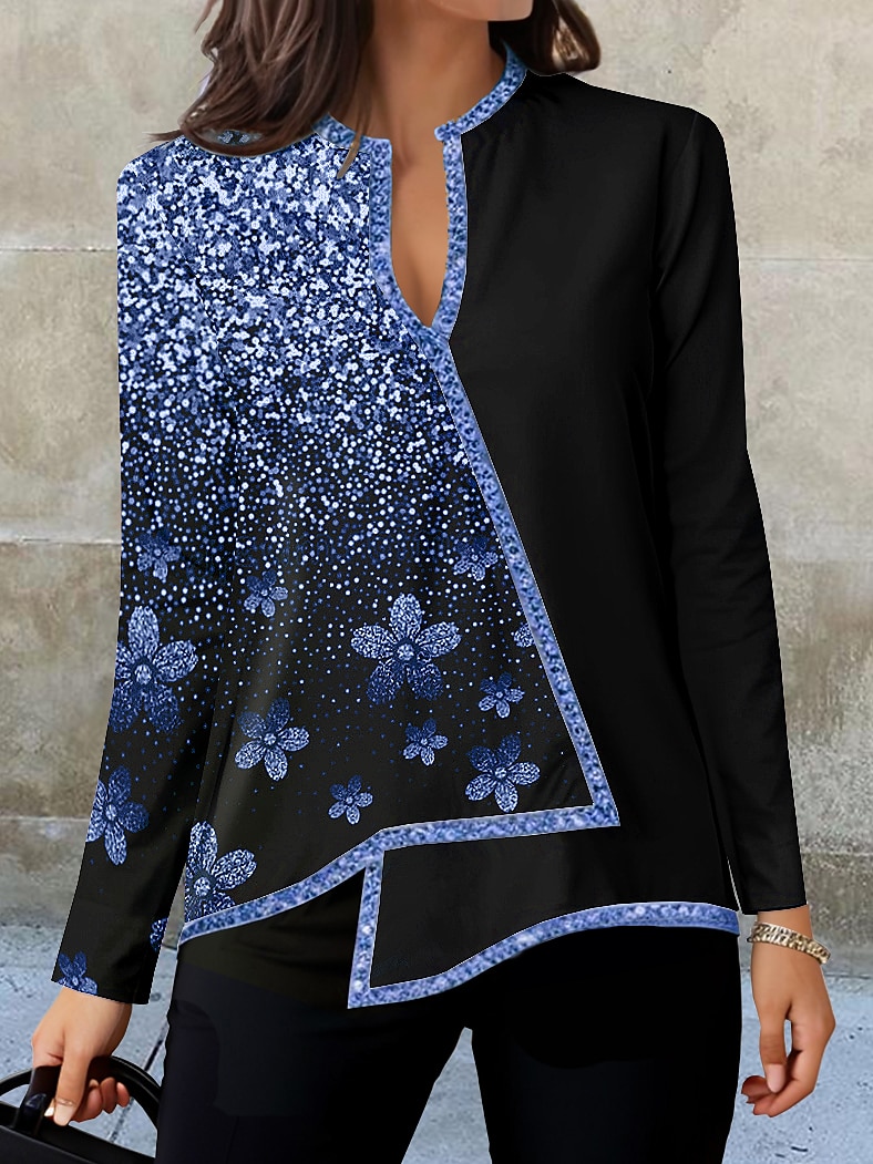Blusa da Donna Moda Stampa Floreale Orlo Asimmetrico Manica Lunga Regular Collo a V Casual Vacanza Nera Argento Rosa Blu Verde Autunno e Inverno del 2025 a $26.99 –P4