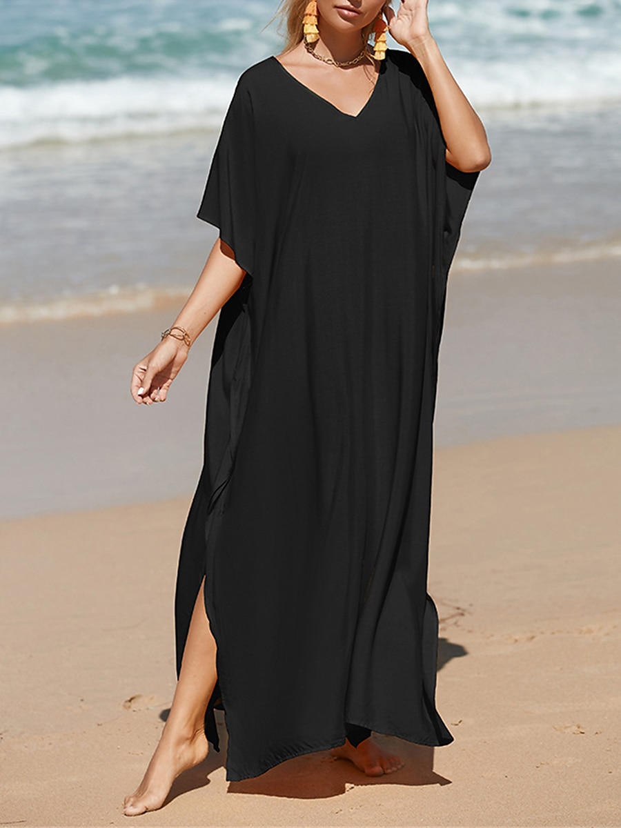 robe blanche Robe casual Robe d'été Femme robe longue Fendu Rendez-vous Vacances Plage Maxi basique Col V Demi Manches Ample Noir Blanche Jaune Taille unique de 2025 ? $41.99 –P4