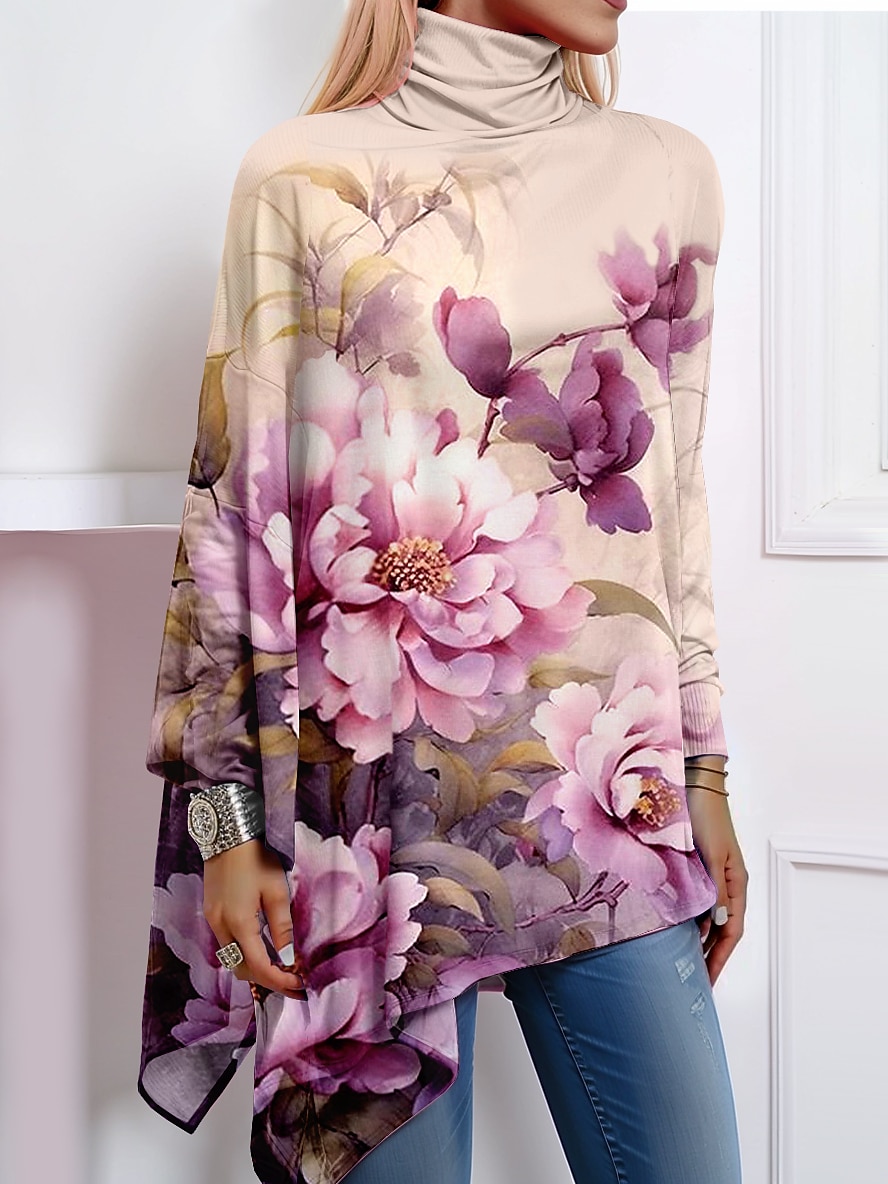 Dame T-skjorte Mote Blomster Print Asymmetrisk Kant Langermet Vanlige Topper Høy Hals Casual Ferie Rosa Blå Grønn Khaki Vår Høst 2025 - $23.99 –P1