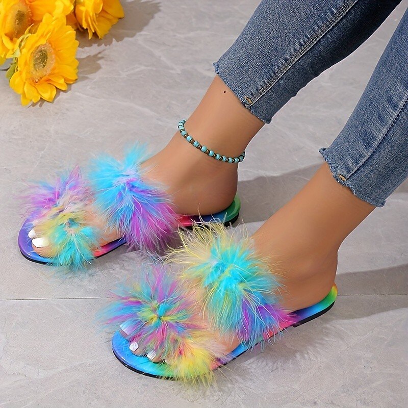 Women's Slippers Fuzzy Slippers Fluffy Slippers Outdoor Slippers Outdoor Daily Summer Flat Heel Open Toe Casual Bohemia PU Loafer Blue 2023 - AED 109 –P4