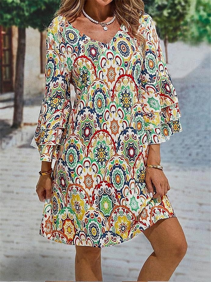 Pentru femei Rochie Mini Rochie casual Rochie de primăvară Șic Stradă Mânecă cu volan Vacanță Stradă Dată Potrivire Largă Floral Lungime Manșon 3/4 În V Galben Vară Primăvară 2025 - $46.99 –P2