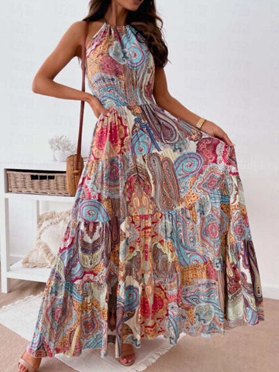 Dame Lang kjole Maxikjole Uformell kjole Boho elegante kjoler Boho-kjole Bohem Gatemote A-linje Feriereise Gate Ferie Normal Blomstret Paisly Ermeløs Grimehals Rød Blå Sommer 2025 - $39.99 –P8