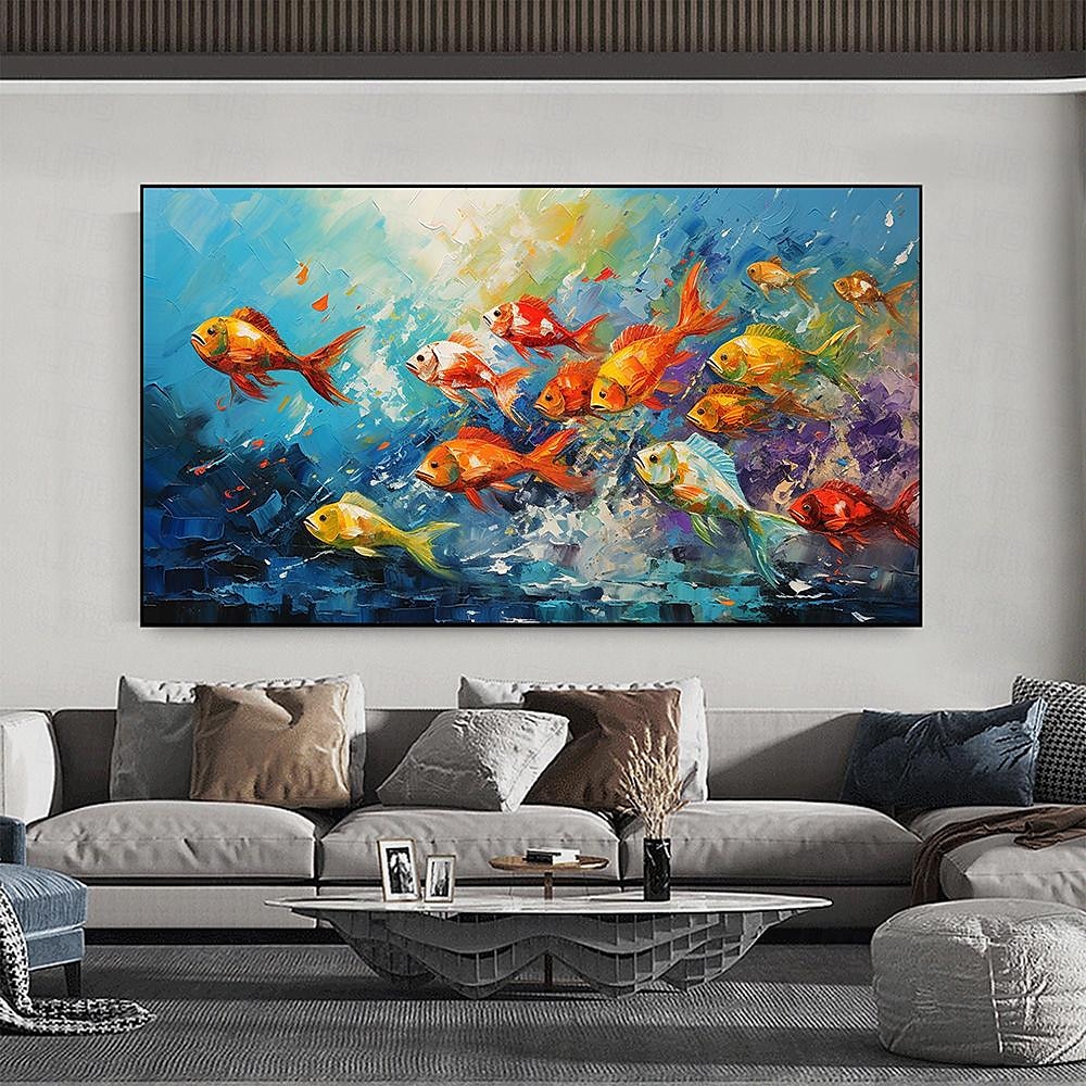 Peinture à l'huile de poissons nageurs peints à la main sur toile, peinture animale extra large, art mural fait à la main, art abstrait de poisson, peinture personnalisée, décoration minimaliste pour de 2025 ? $61.99 –P1