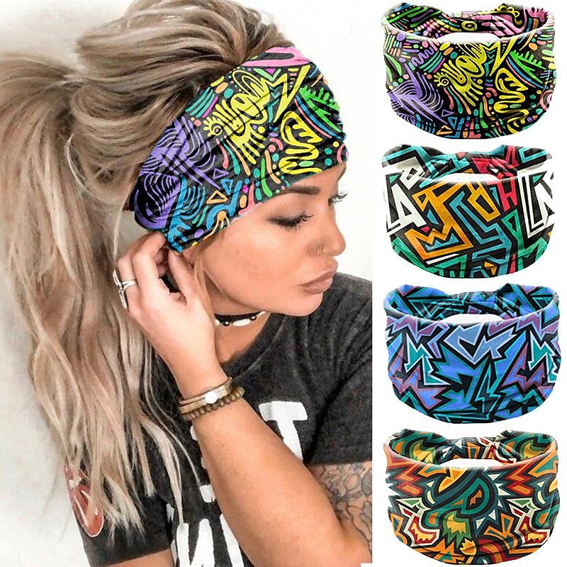 fascia stampata, foulard bohémien, fascia elastica per yoga sportiva da donna, fascia a tesa larga, accessori per capelli alla moda del 2025 a $8.49 –P1