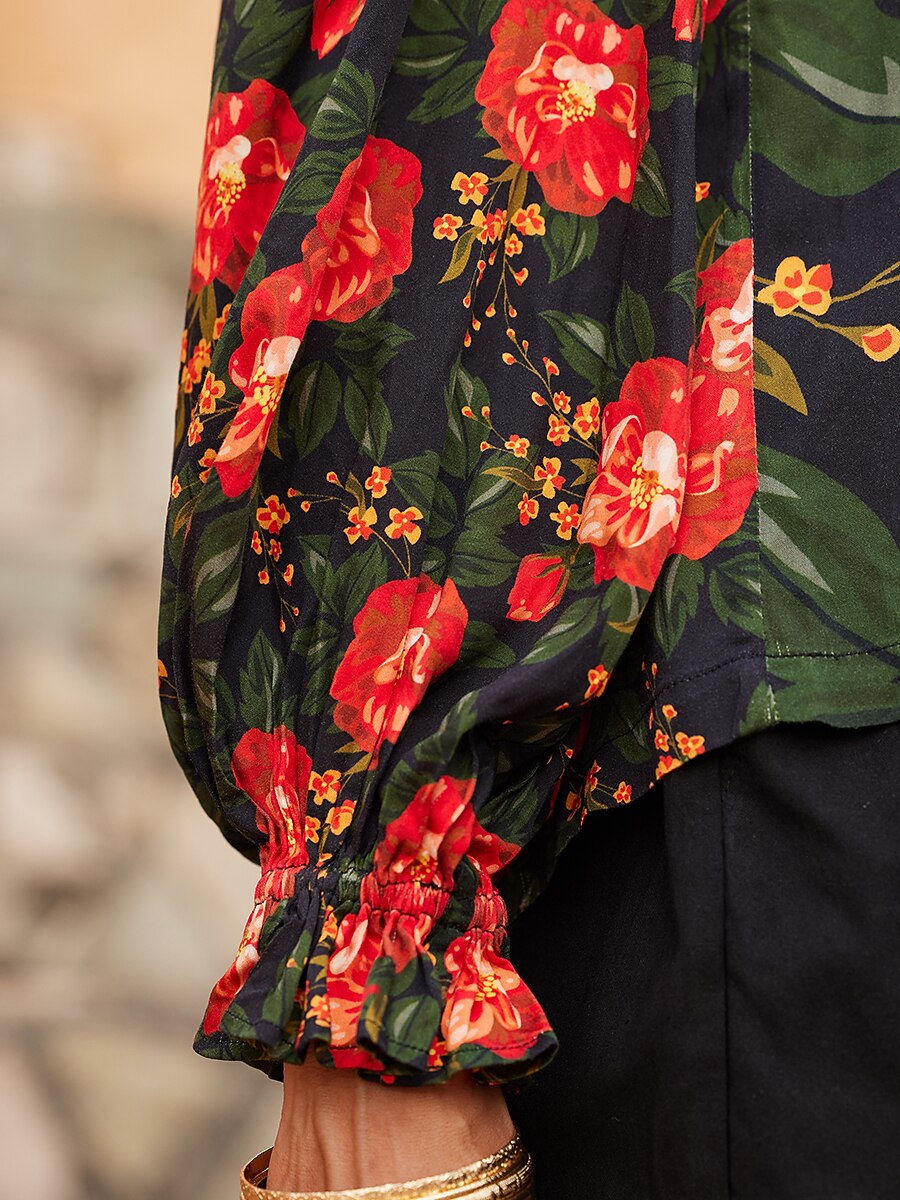 Midikleid aus floraler Spitze mit V-Ausschnitt und Puffärmeln 2026 - $34.99 –P7