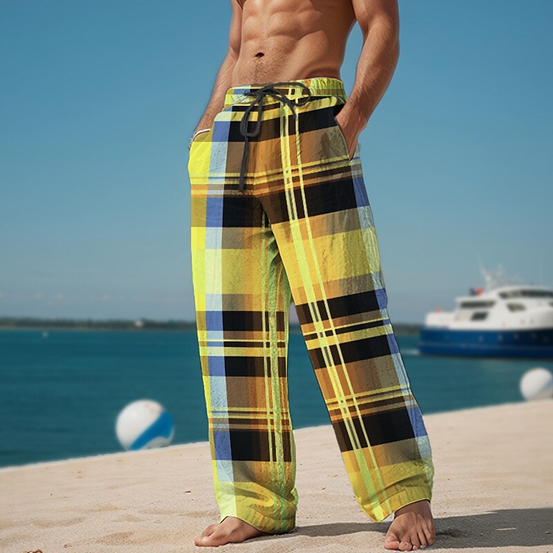 Plaid Color Block Men's Resort 3D Printed Casual Pants Trousers Elastic Waist Drawstring Loose Fit Straight-Leg Summer Beach Pants S TO 3XL 2025 - $25.99 –P7
