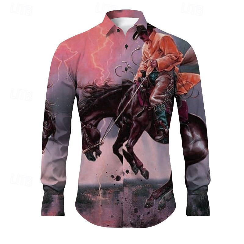 Kentucky Derby Men's Cowboy Shirt Western Shirt Cowboy Shirt Long Sleeve Vintage Western Style Outdoor Street Casual Daily Fall & Winter Turndown Buttons Print Blue Purple Orange Green 2025 - $26.99 –P6