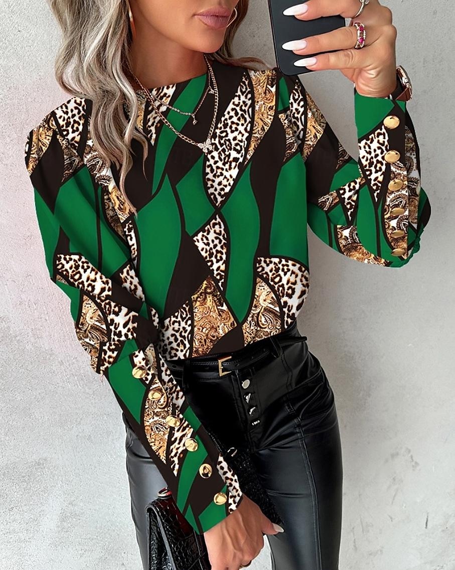 camicetta da donna elegante color block bottoni stampa maniche raglan manica lunga girocollo casual giallo rosso blu verde primavera&amp; estate del 2025 a $26.99 –P3