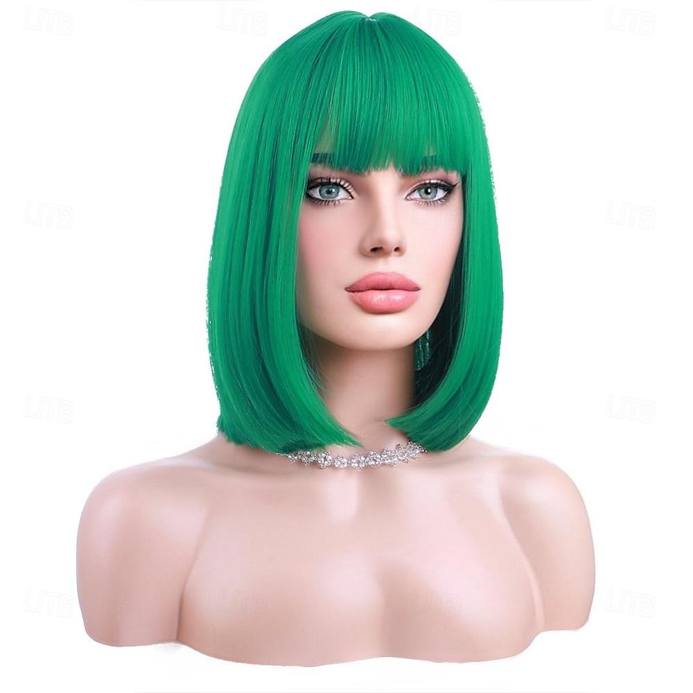 peruca verde para mulheres peruca bob verde curta reta peruca verde esmeralda com franja sintética resistente ao calor halloween cosplay peruca cosutme perucas do dia de são patrício de 2025 por $18.49 –P7