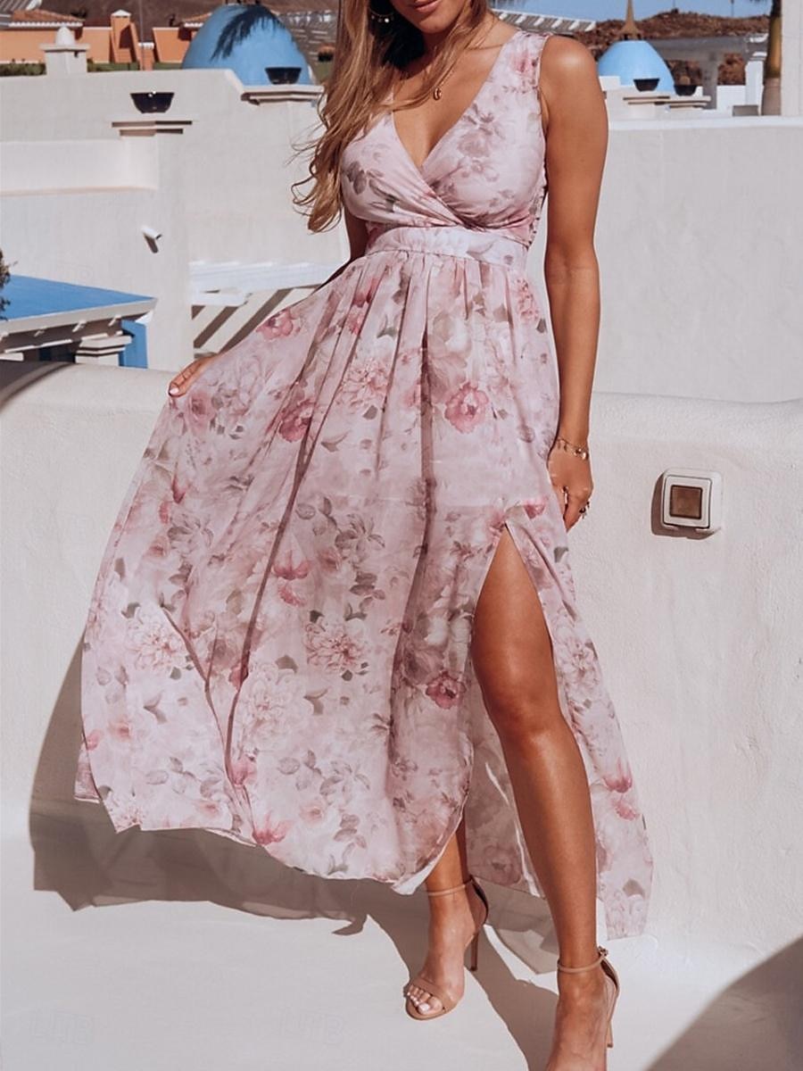 Dam Långklänning Maxiklänning Vardagsklänning Swingklänning A linjeklänning Sommarklänning Hawaiisk Maxi Boho Semester Gata Helgdag Normal Blommig Ärmlös V-hals Gul Rodnande Rosa Grön Ljusblå Sommar 2025 - $41.99 –P8