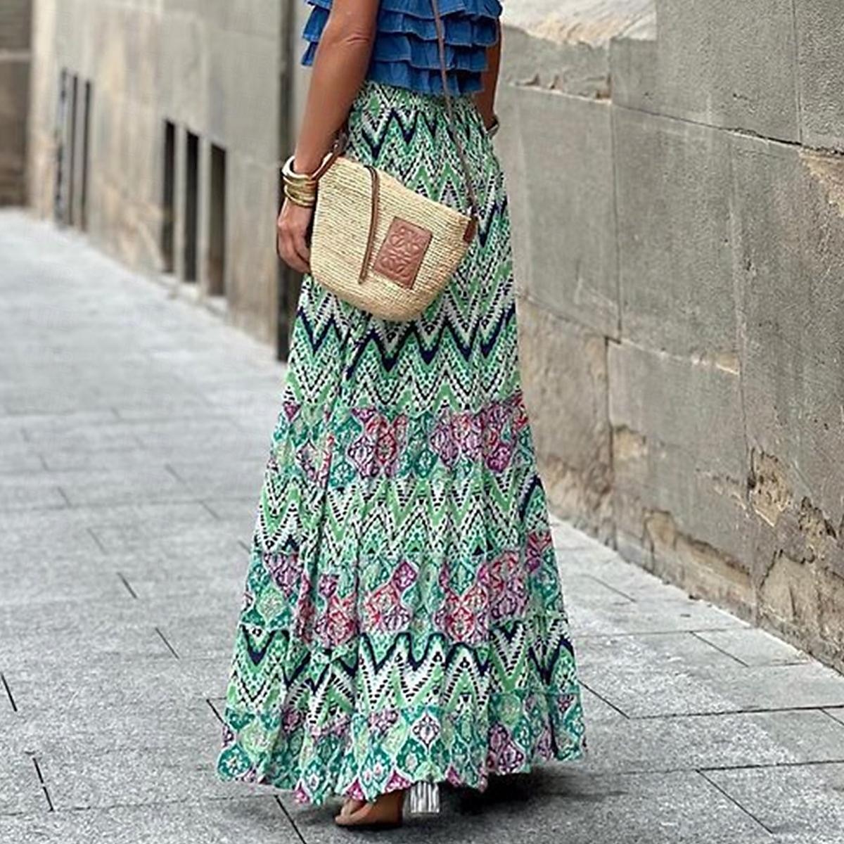 kvinners skjørt a line swing bohemia maxi skjørt med høyt midje blomsterprint geometrisk farge blokk street ferie sommer uformelt boho grønn 2025 - $26.99 –P1