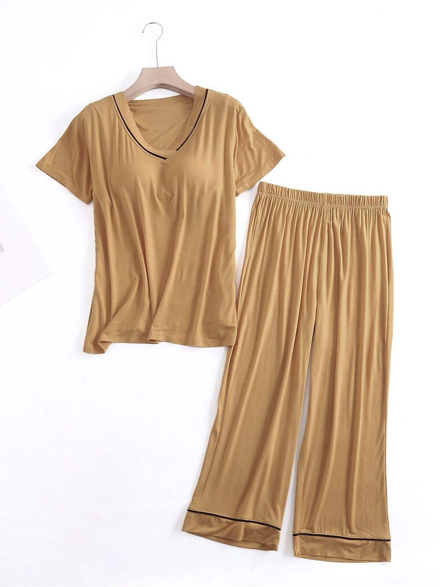 Women's Pajamas Sets Pure Color Fashion Simple Comfort Home Daily Bed Modal Breathable V Wire Short Sleeve T shirt Tee Pant Chest pads Summer Home Outfits 2025 - $29.99 –P7