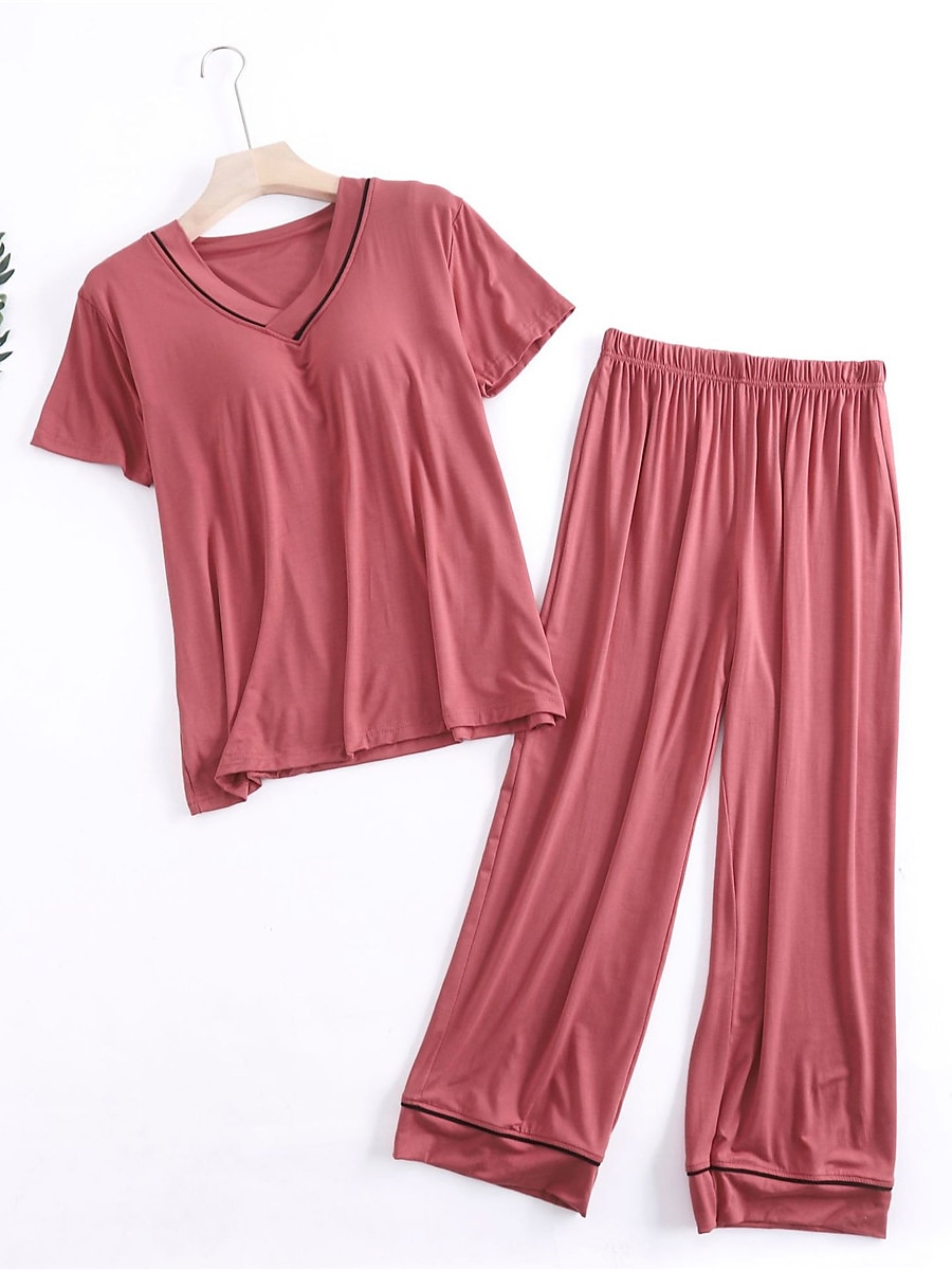 Women's Pajamas Sets Pure Color Fashion Simple Comfort Home Daily Bed Modal Breathable V Wire Short Sleeve T shirt Tee Pant Chest pads Summer Home Outfits 2025 - $29.99 –P8