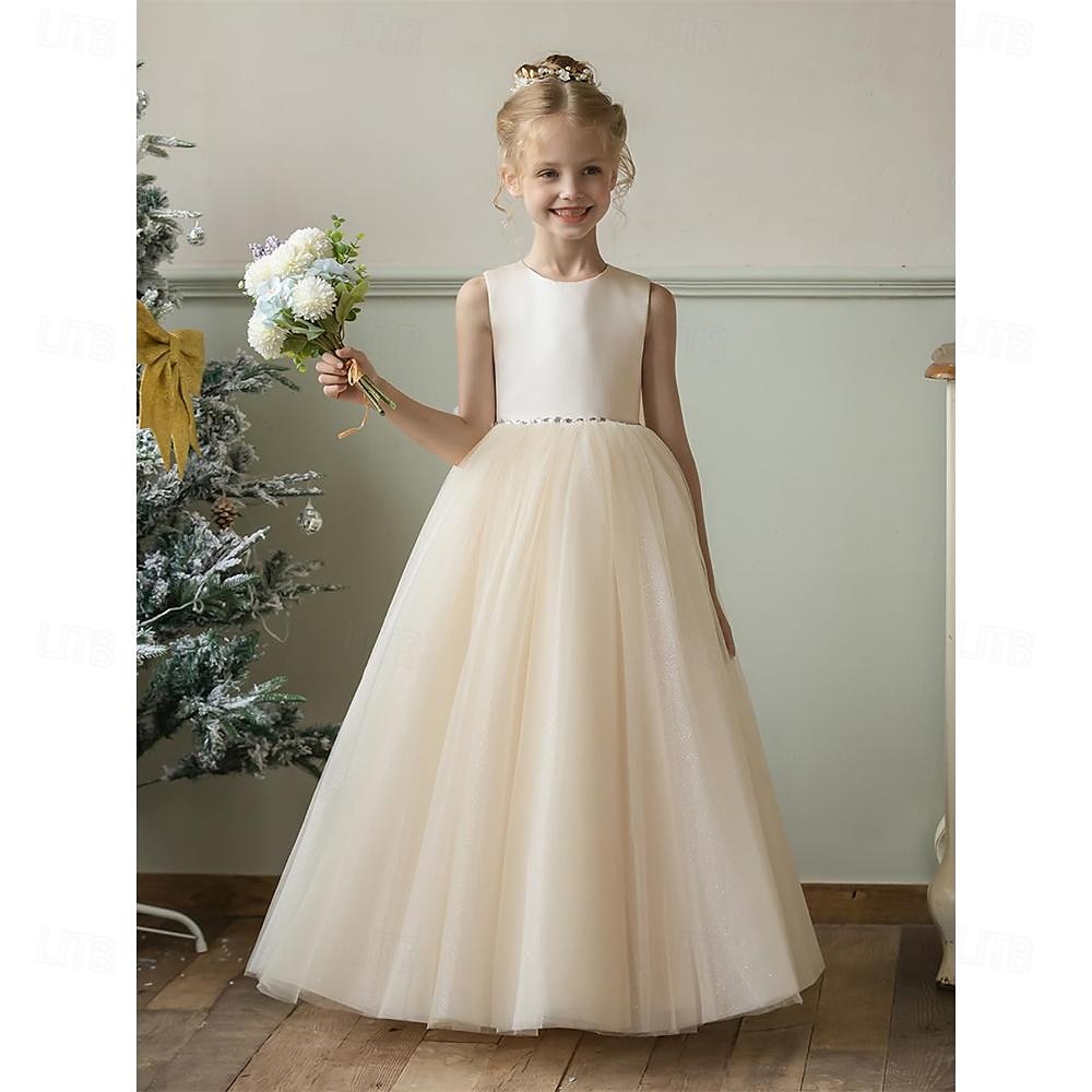 Barn Jente Blomsterjente kjole Festkjole Helfarge Ermeløs Bryllup jubileum Fest Mote Bedårende Daglig Polyester Vår Høst Vinter 2-12 år Hvit Champagne Gul 2025 - $53.99 –P5