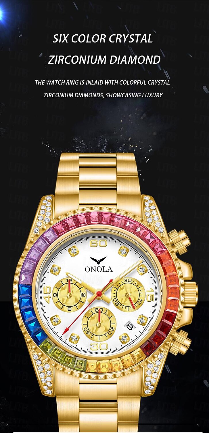 ONOLA Luxury Iced Watches Men Automatic Date Multifunctional Steel Clocks Fashion Rainbow Diamond Quartz Wristwatch 2025 - $48.99 –P8