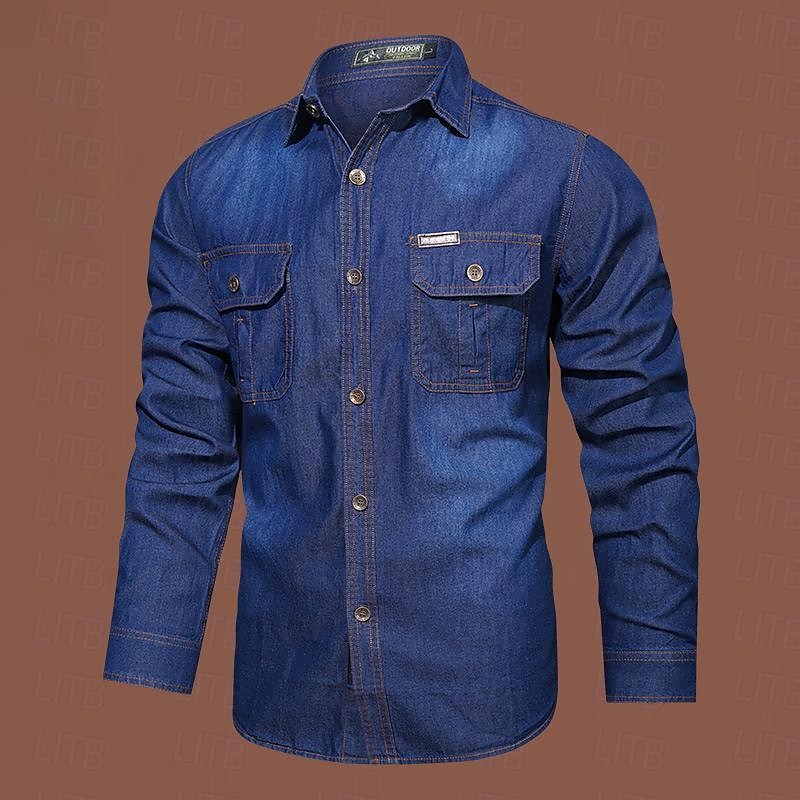 Men's Shirt Casual Shirt Jeans Shirt Denim Shirt Blue Dark Blue Long Sleeve Plain Turndown Street Daily Front Pocket Clothing Apparel Fashion Casual Comfortable 2025 - $44.99 –P2