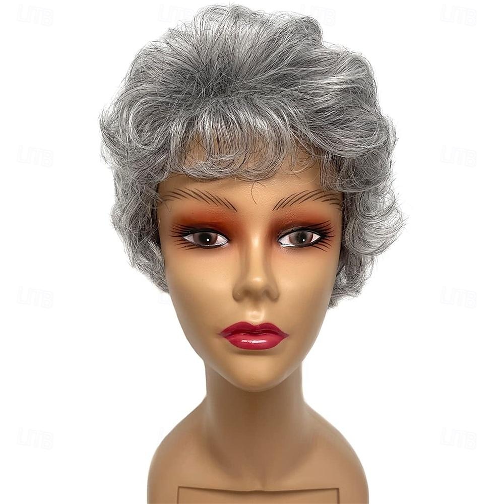 Pixie Cut Short Gray Wigs for White Women Sassy Short Haircuts for Older Lady Mixed Black Grey Highlight Synthetic Wig with Bangs for Daily Party Use 2025 - $26.99 –P6
