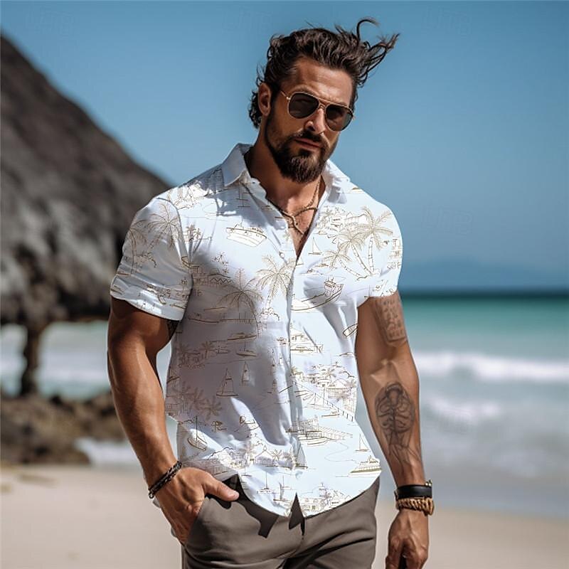 Voor heren Palmboom Tropische planten Overhemd Hawaiiaans overhemd Aloha-shirt Korte mouw Overhemd Vakantie Modieus Hawaii Buiten Vakantie Hawaii Blauw Hemelsblauw khaki S M L 2025 - $22.99 –P9