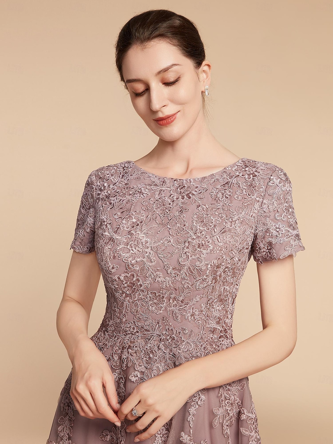A-Line Mother of the Bride Dress Wedding Guest Elegant Petite Jewel Neck Tea Length Lace Tulle Short Sleeve with Ruching Flower 2025 free custom size 2025 - $201.99 –P1