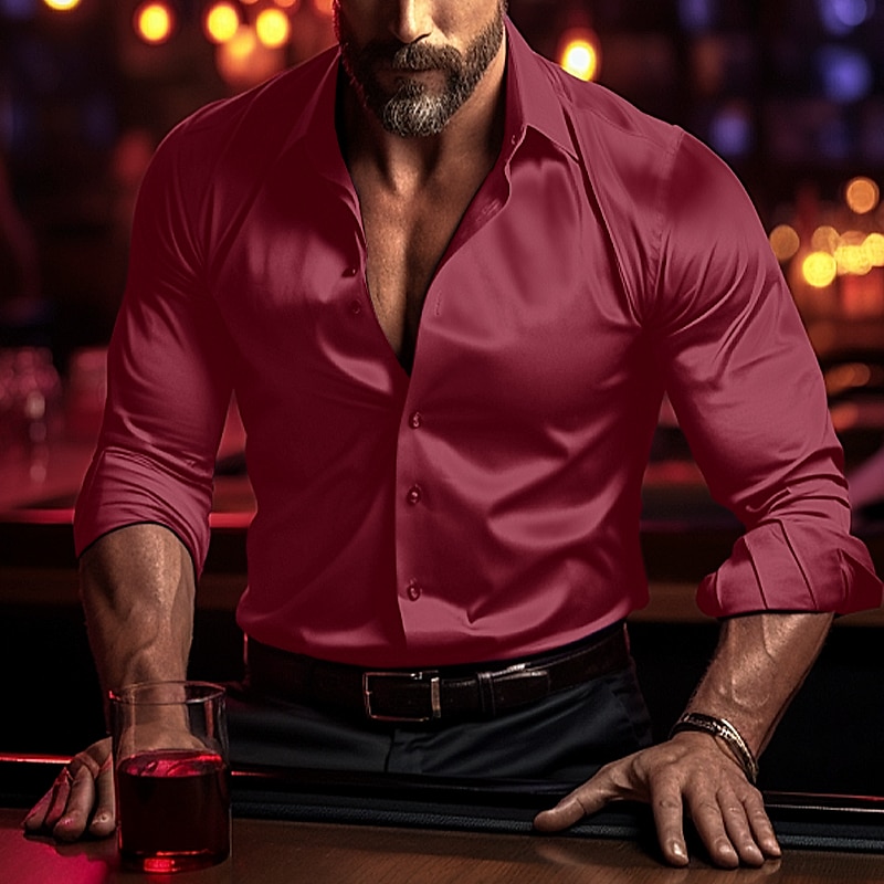 Men's Shirt Satin Shirt Casual Shirt Button Up Shirt Plain Wedding Vacation Black White Wine Blue Long Sleeve Lapel Spring & Fall Clothing Apparel 2025 - $26.99 –P3
