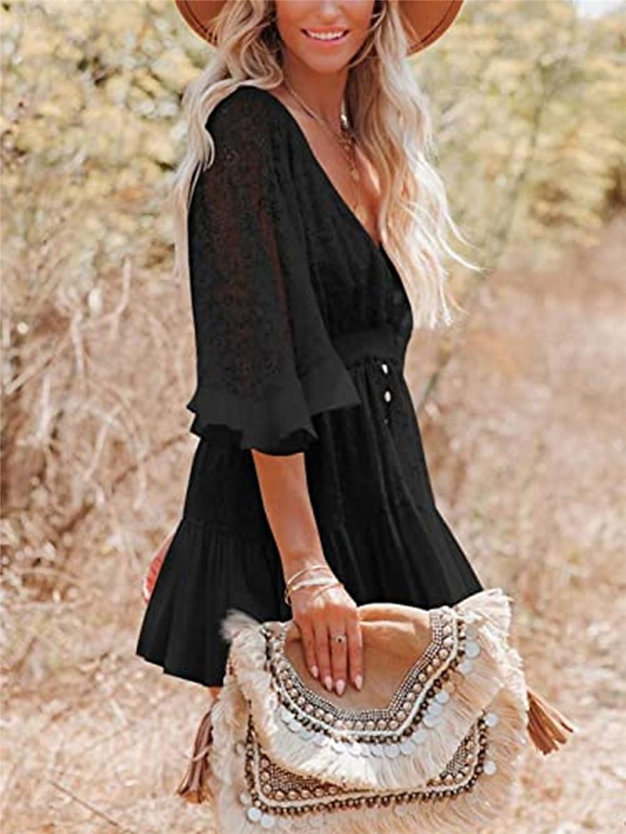 Women's Mini Dress White Dress Lace Dress Boho Chic Dresses Boho Dress Bohemia A Line Date Regular Fit 3/4 Length Sleeve V Neck Black White Yellow Pink Summer Spring 2025 - $41.99 –P20
