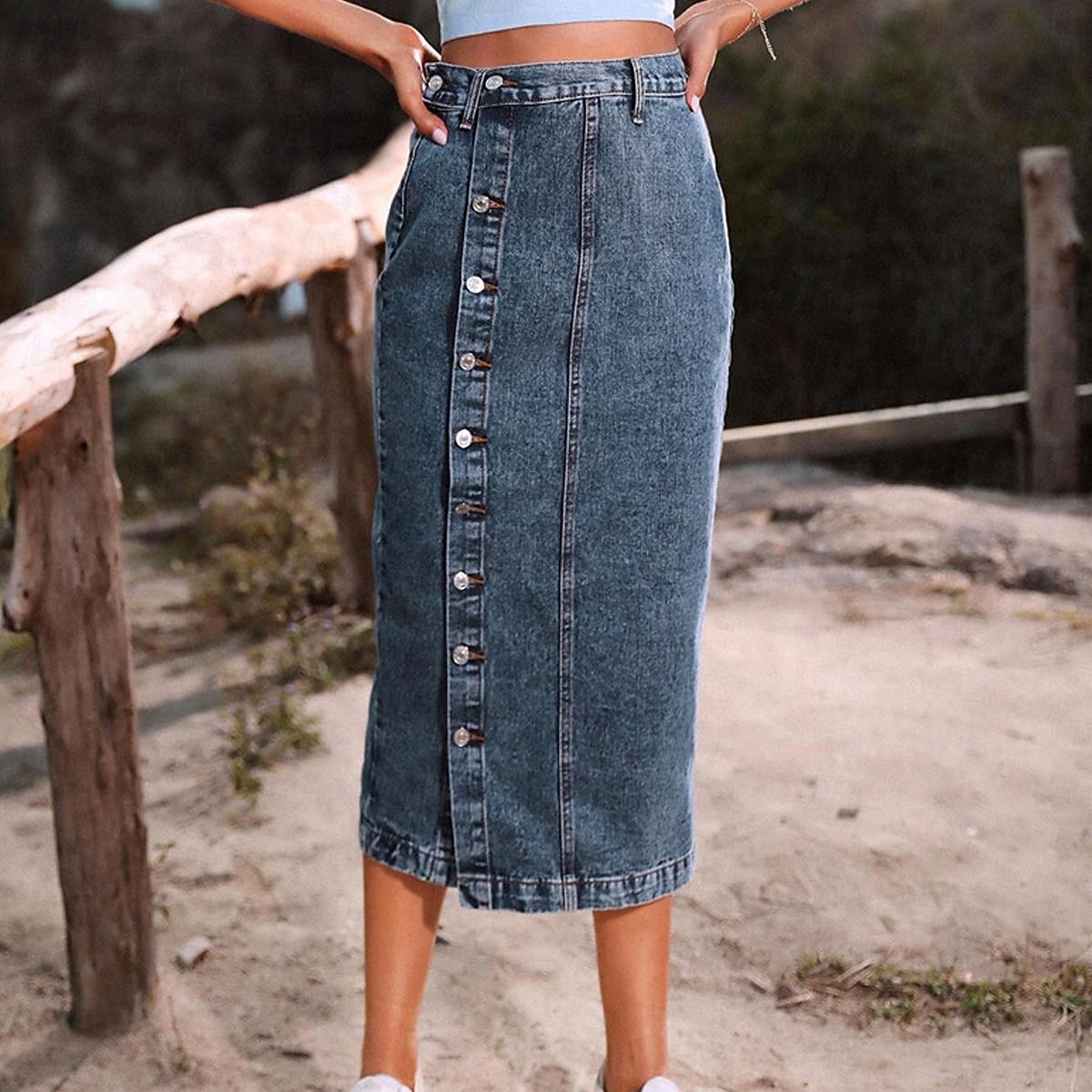 Femme Jupe Jupe mi-longue en jean Mode Décontractées Midi Taille haute Jupes Couleur Pleine Pointes fourchues Casual Quotidien Fin de semaine Noir bleu marine Bleu de minuit Eté Jean de 2025 ? $31.99 –P2