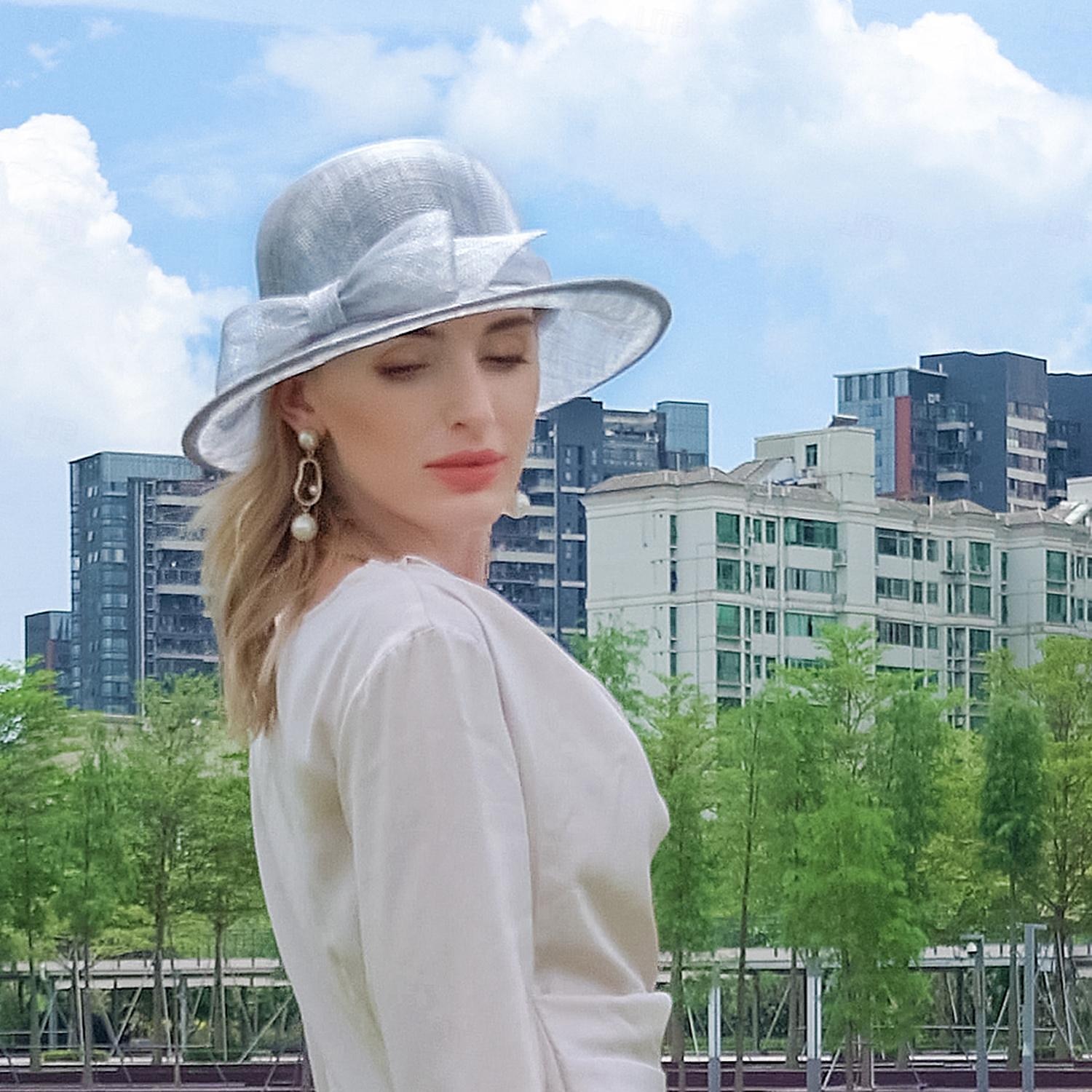 Chapeaux melon en lin/chapeau cloche, chapeau seau, chapeau de soleil, fête de thé, mariage élégant avec nœud papillon, couvre-chef de 2025 ? $49.99 –P5