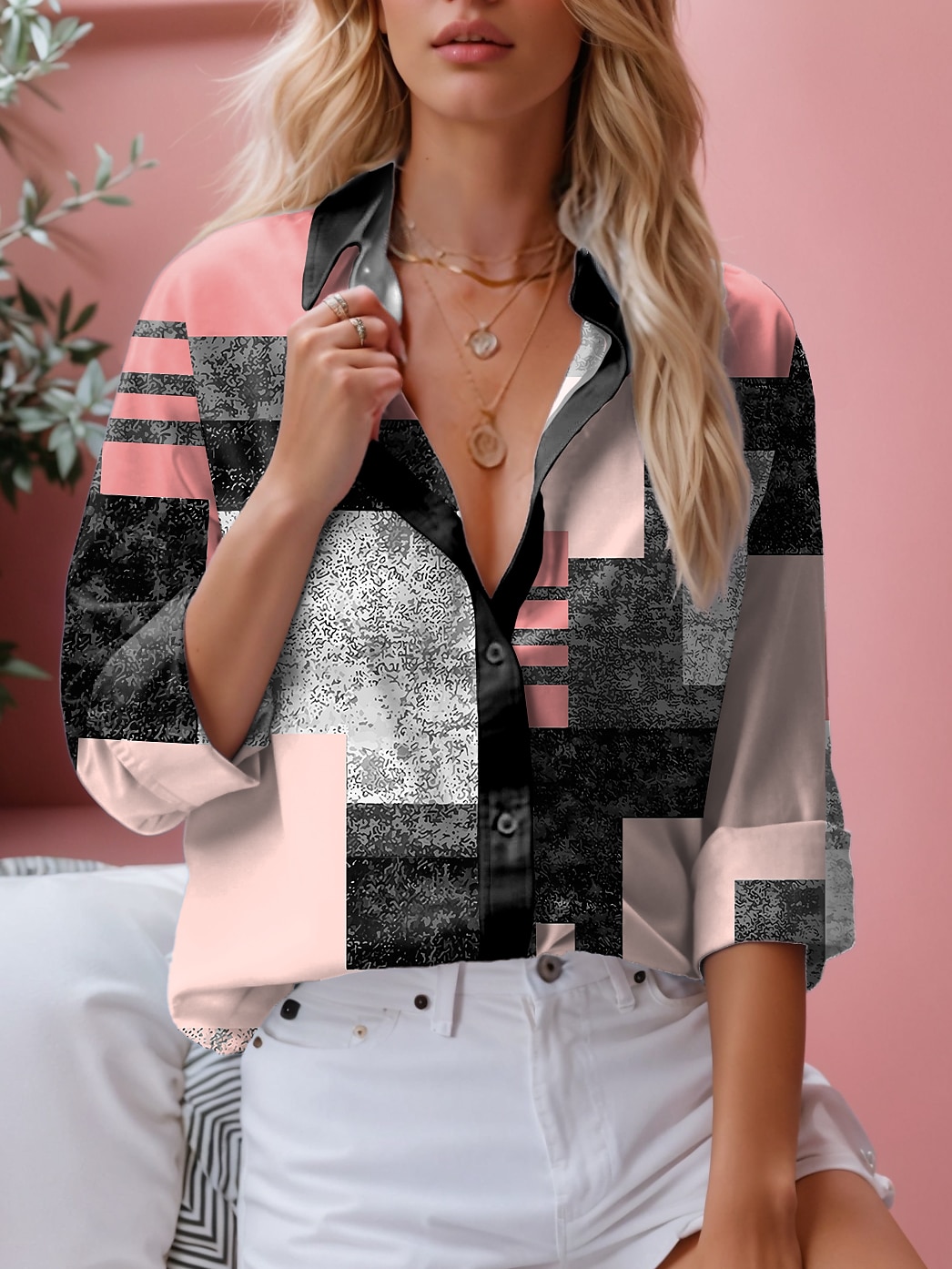 Damenhemd Langarm Knopfbluse Modisch Farbblock Druck Reguläre Tops Hemd Kragen Lässig Gelb Pink Blau Frühling  Herbst 2025 - $32.99 –P1