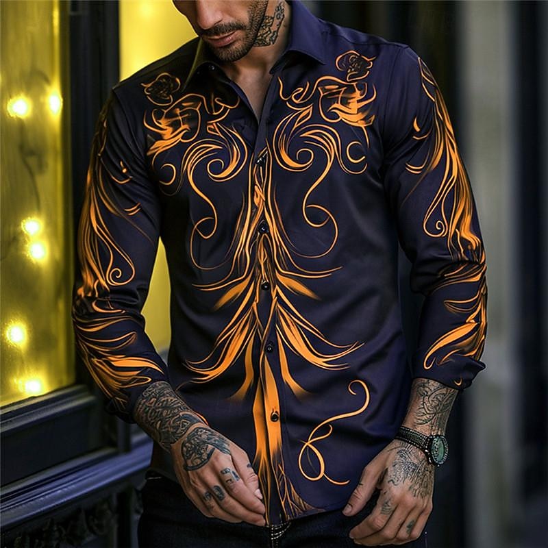 Herren Totem Knopfhemd Bedruckte Hemden Langarm Subkulturell Urlaub Party Strasse Frühling Sommer Umlegekragen Bedruckt Button-Down Rote Purpur Orange 2025 - $24.99 –P2