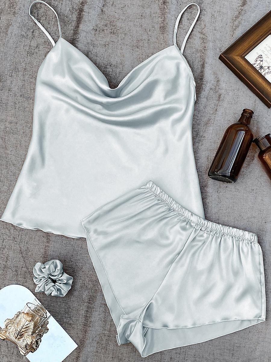 pyjamassett for kvinner 3 deler ren farge moteelskere komfort hjem daglig seng sateng silke pustende stropper ermeløse stropp topp shorts ryggløs elastisk midje sommer vår hjemmeantrekk 2025 - $19.49 –P10