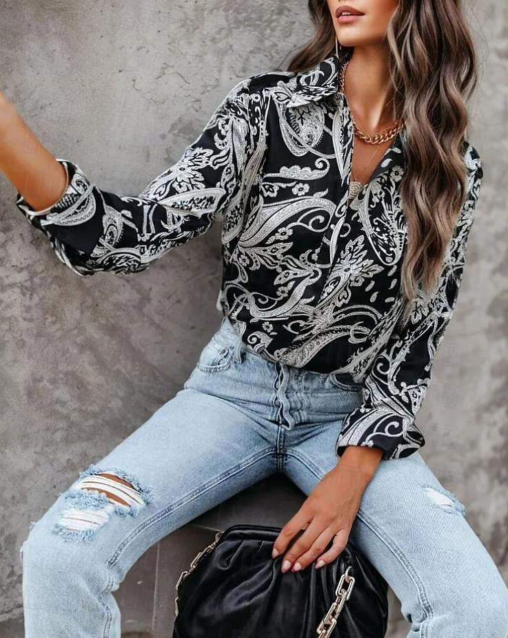 Chemise Femme Manches Longues Blouse à Boutons Mode Imprimé Paisley Classique Regular Tops Col Chemise Décontracté Noir Printemps  Automne de 2025 ? $26.99 –P3