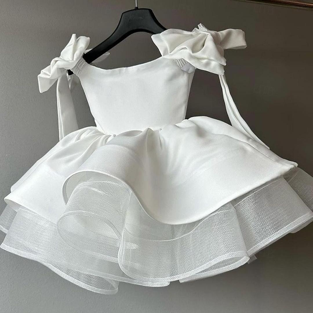Blumenmädchenkleid Mädchen Party Kleid Leistung Hochzeit Party Prinzessin Süß Gitter Feste Farbe Ärmellos Schulterfrei Weiß 2-12 Jahre 2025 - $47.99 –P6