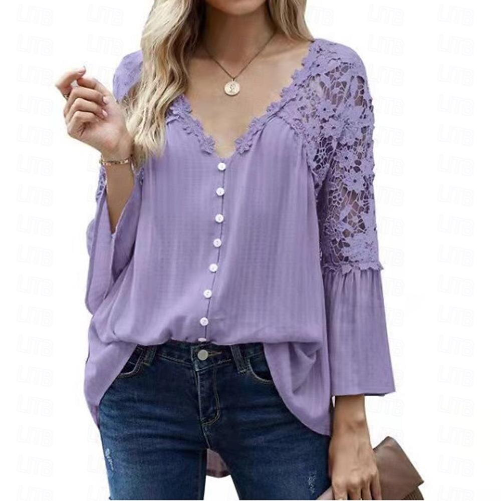 Shirt Boho Shirt Lace Shirt Blouse Women's Black White Pink Solid Color Lace Button Street Daily Fashion V Neck S 2025 - $24.99 –P6