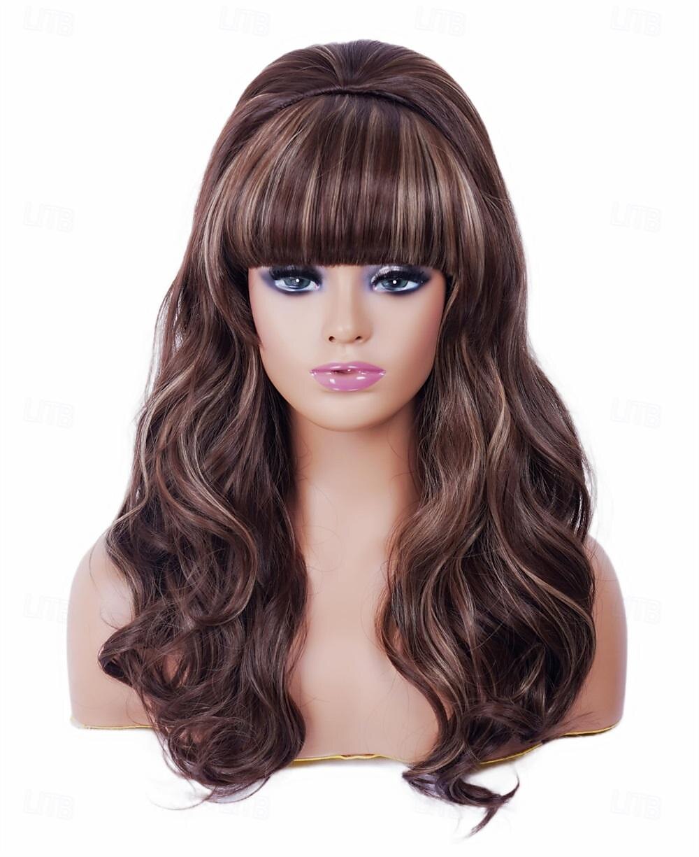Lange braune Mischperücke mit Pony Retro Bouffant Duttperücken passend zu 80er Kostümen oder Karneval Partys Halloween Perücken 2025 - $23.99 –P1