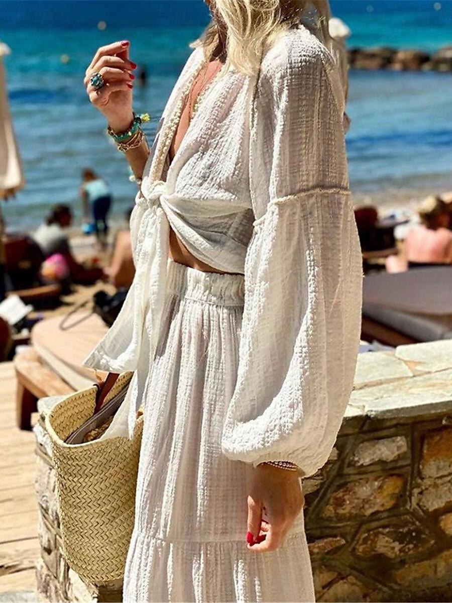 Damen Kleid-Set Weißes Kleid Schaukelkleid Boho Glatt mit Schnürung Rüsche kleid lang Langarm V Ausschnitt Urlaub Strand Weiß Sommer Frühling Regular Fit 2025 - $52.99 –P4